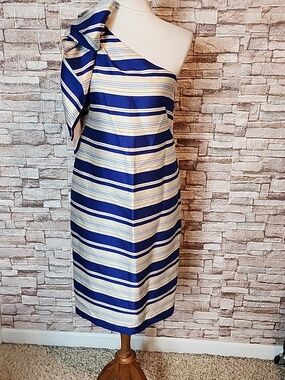 banana republic one shoulder striped dress NEW Banana Republic Women 14 Blue Multi Striped One Shoulder Bow Dress  Lined D3